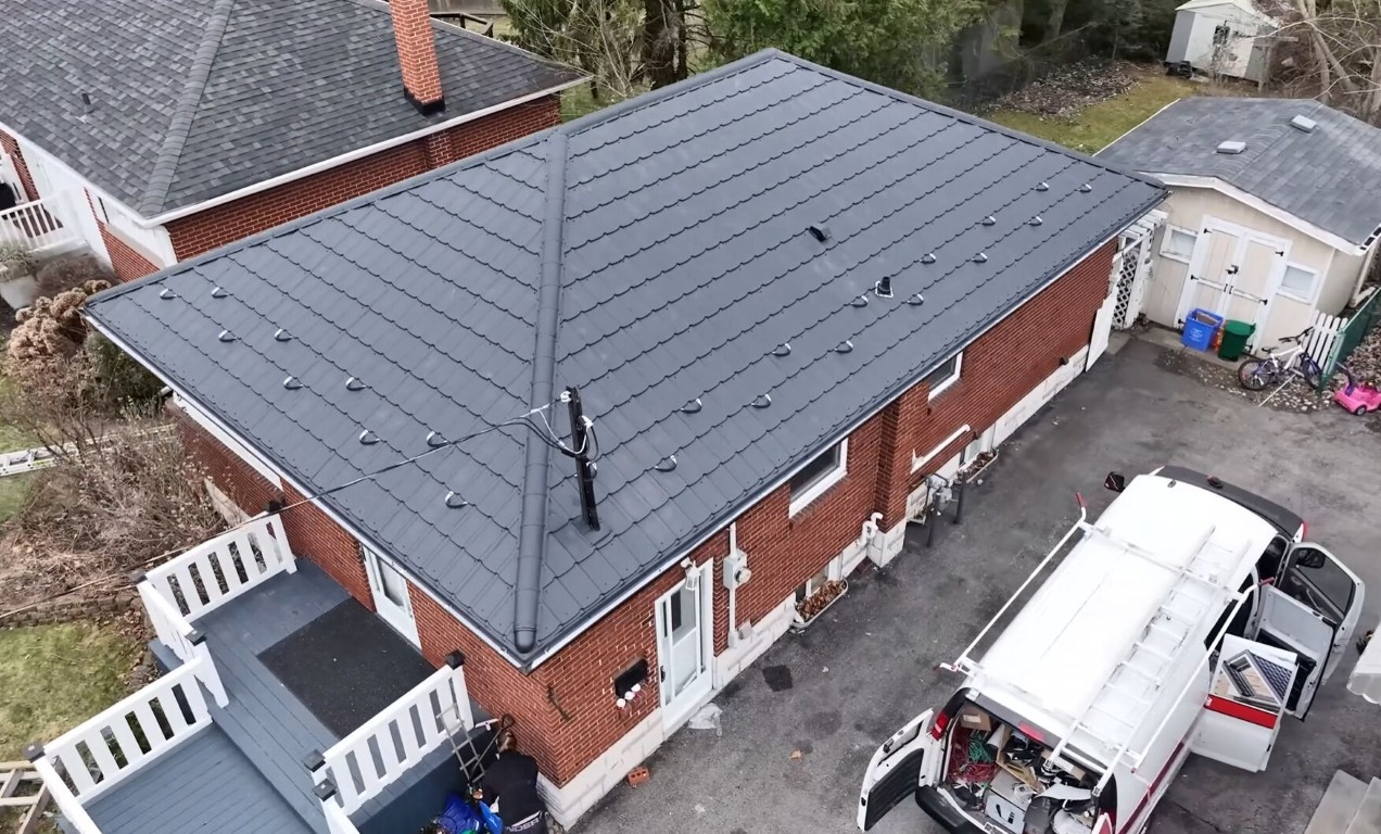 Modern roof replacement on brick house in Rohnert Park, CA